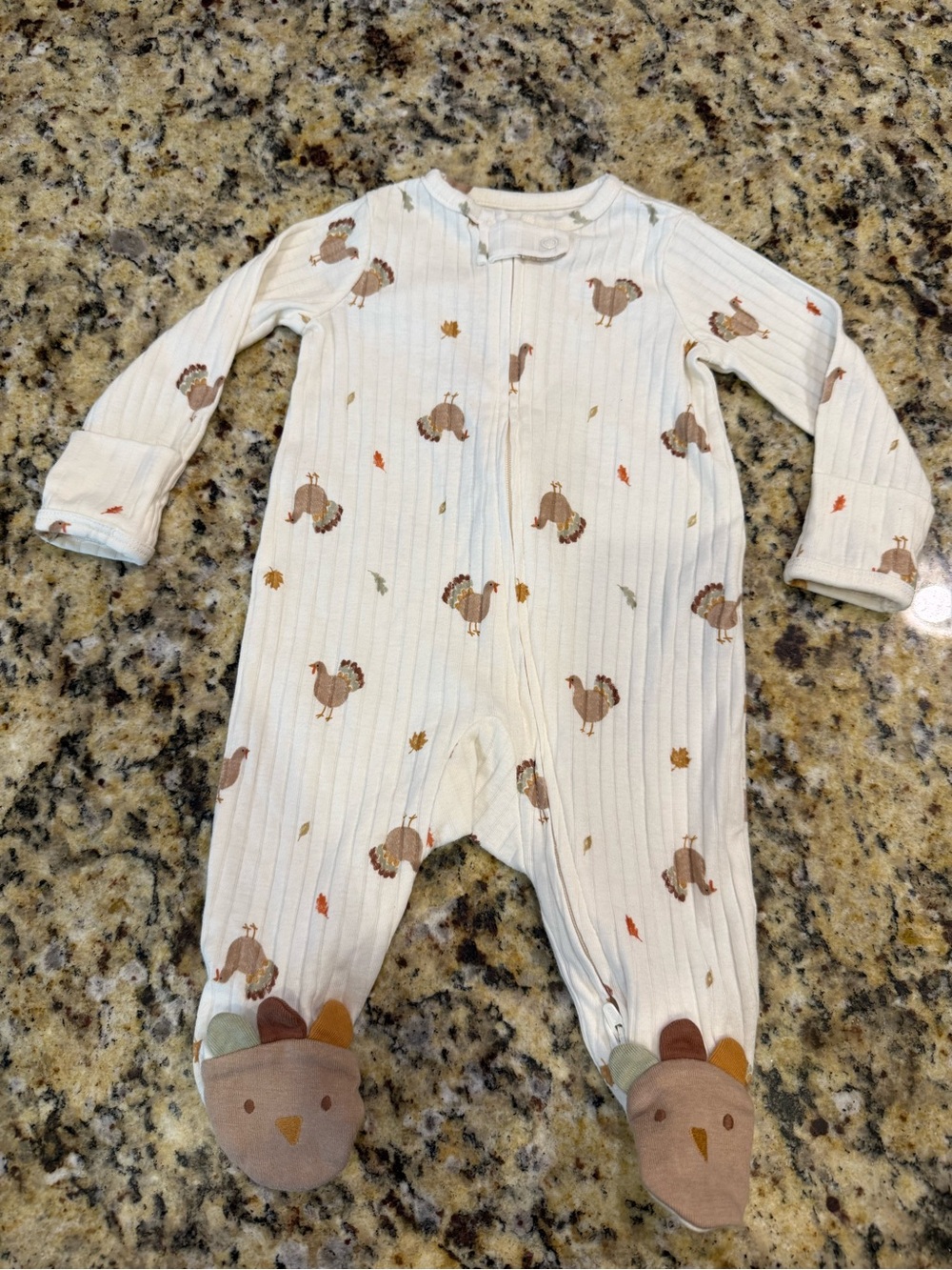 Carters Cream Turkey Print Ribbed Footed zip up size 3 month NWOT